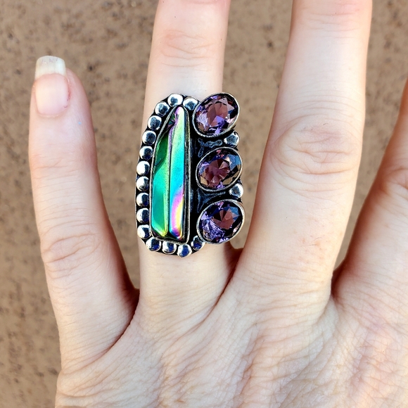 New Rainbow Hematite and Amethyst 925 Silver Ring. - Picture 3 of 16